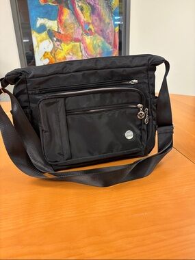 Black Nylon Crossbody Messenger Bag with Silver Accents
